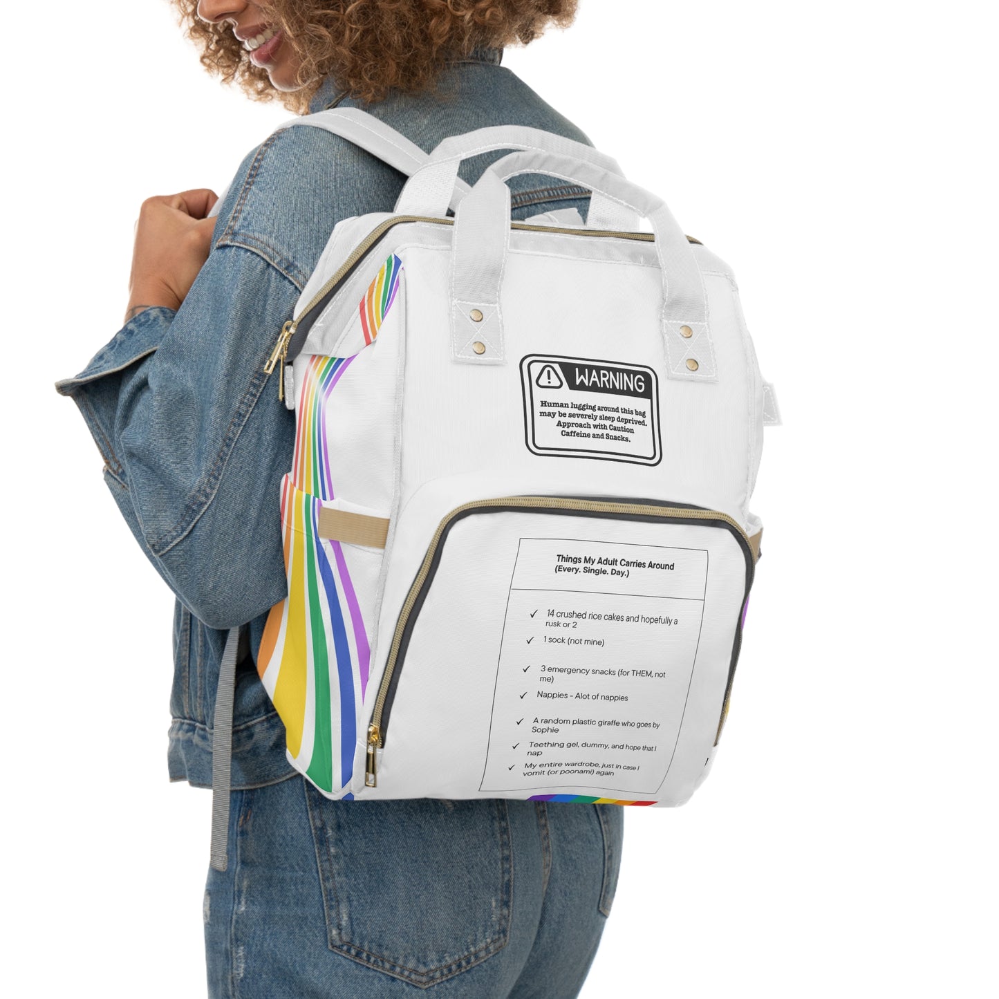 Stylish Multifunctional Diaper Backpack with Fun Warning Design