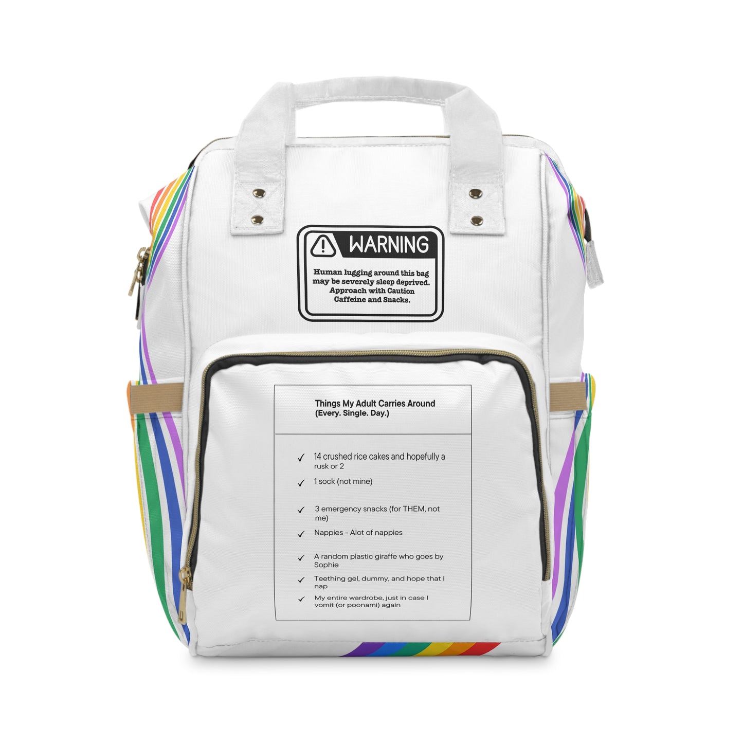 Stylish Multifunctional Diaper Backpack with Fun Warning Design