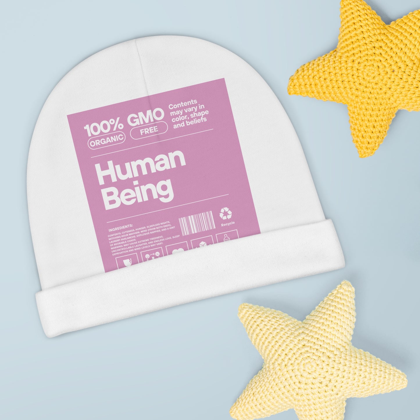 Organic Baby Beanie - 'Human Being label' Print - Perfect Gift for New Parents